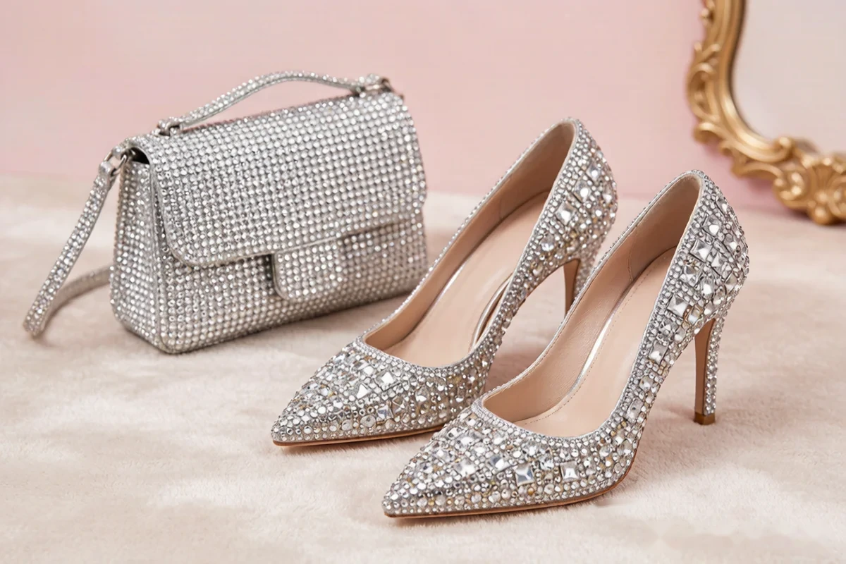 Rhinestone decorated fashion accessories - bags shoes and belts with hotfix stones