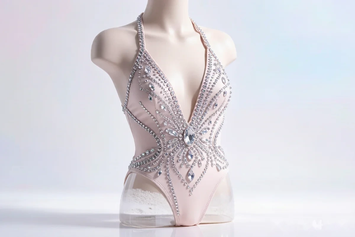 Rhinestone application on swimwear and beachwear - hotfix stones on swim fabric
