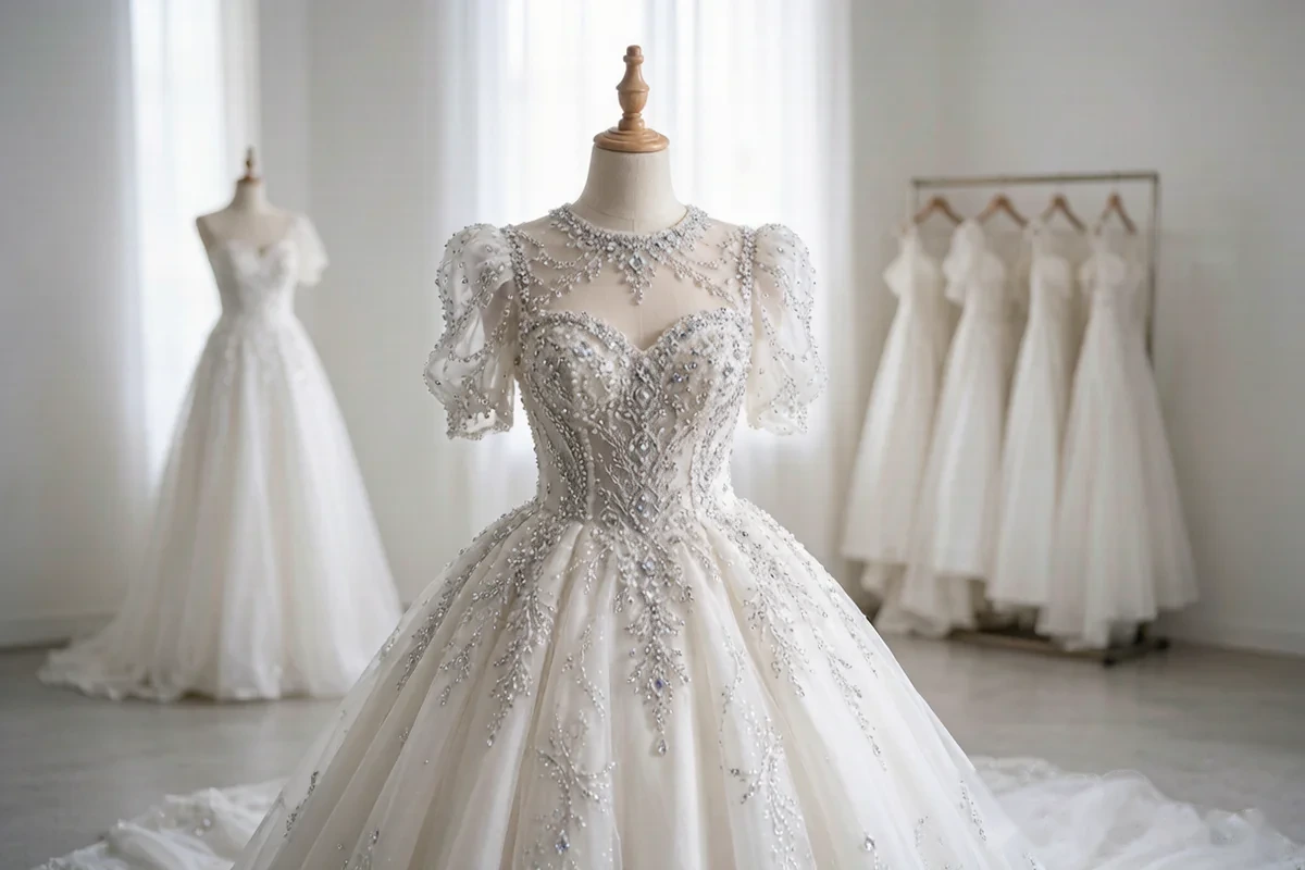 Rhinestone embellished wedding dress - hotfix rhinestones on bridal gown fabric